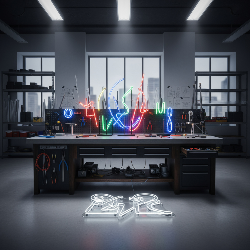 Neon-Werkbank mit leuchtenden Röhren und Werkzeugen