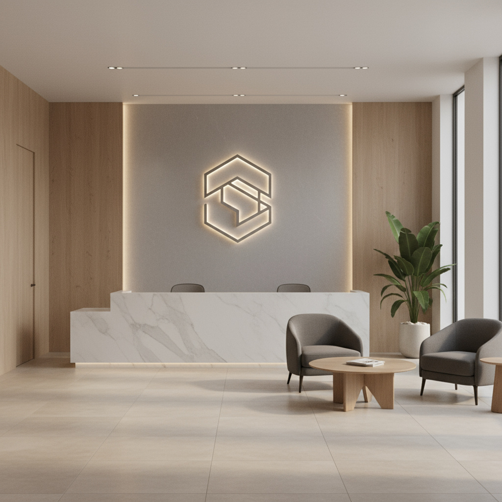 Illuminiertes Logo im Empfangsbereich eines Büros