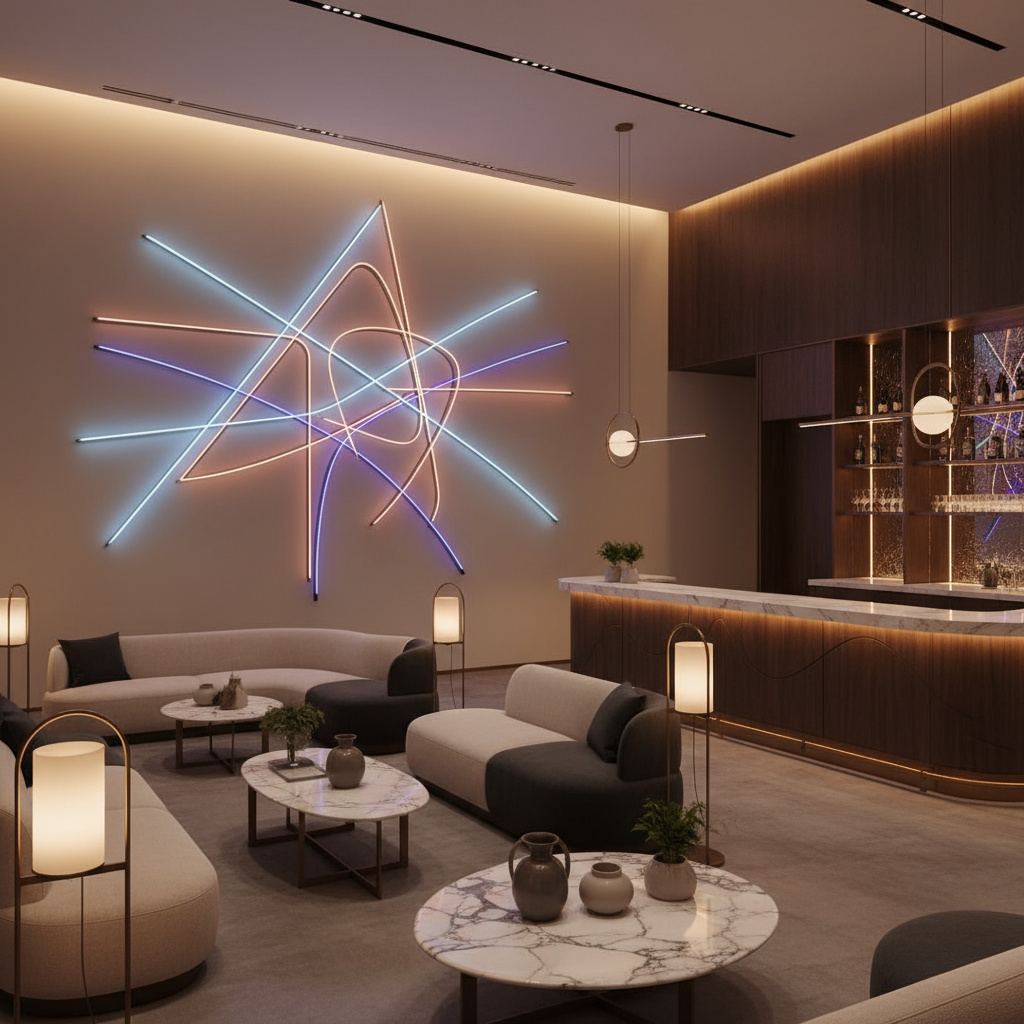 Abstraktes Neon‑Element in Hospitality‑Innenraum